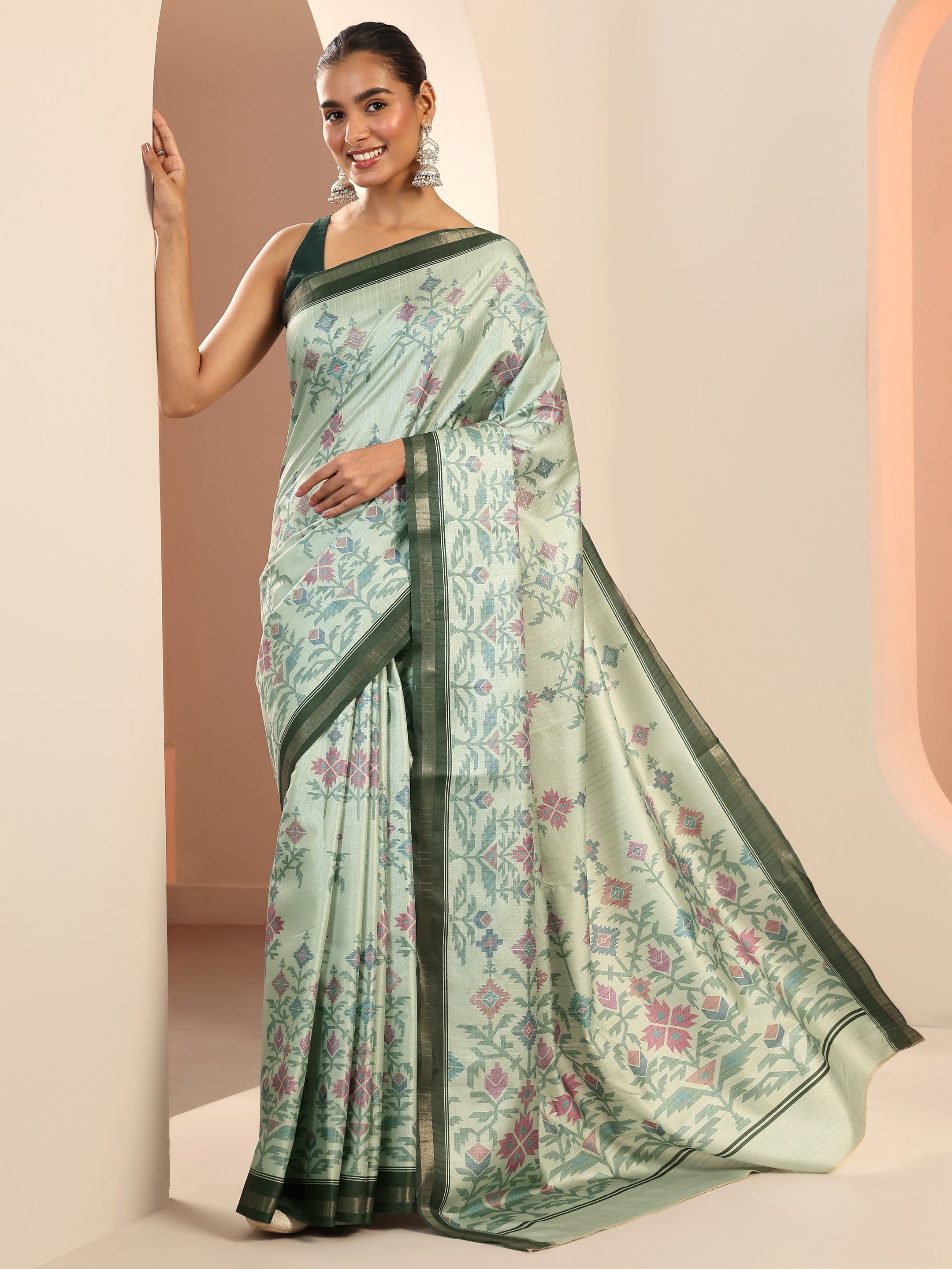 Turquoise blue Embellished Silk blend Saree With Unstitched Blouse Piece