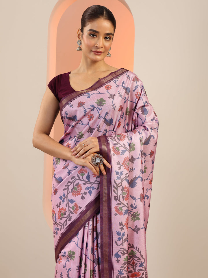 Lavender Printed Silk Saree With Unstitched Blouse Piece