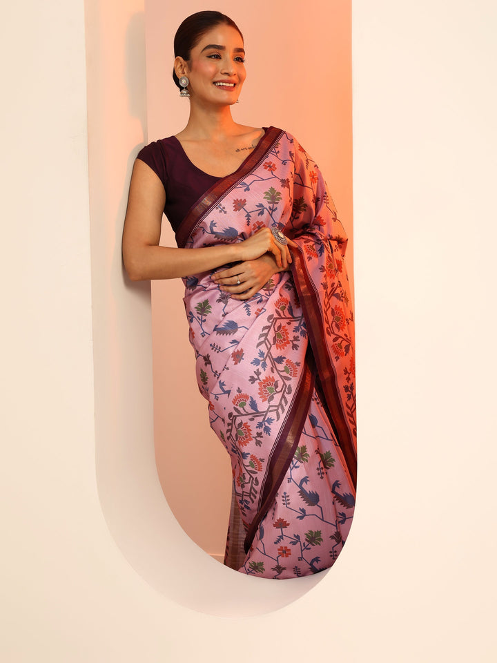 Lavender Printed Silk Saree With Unstitched Blouse Piece