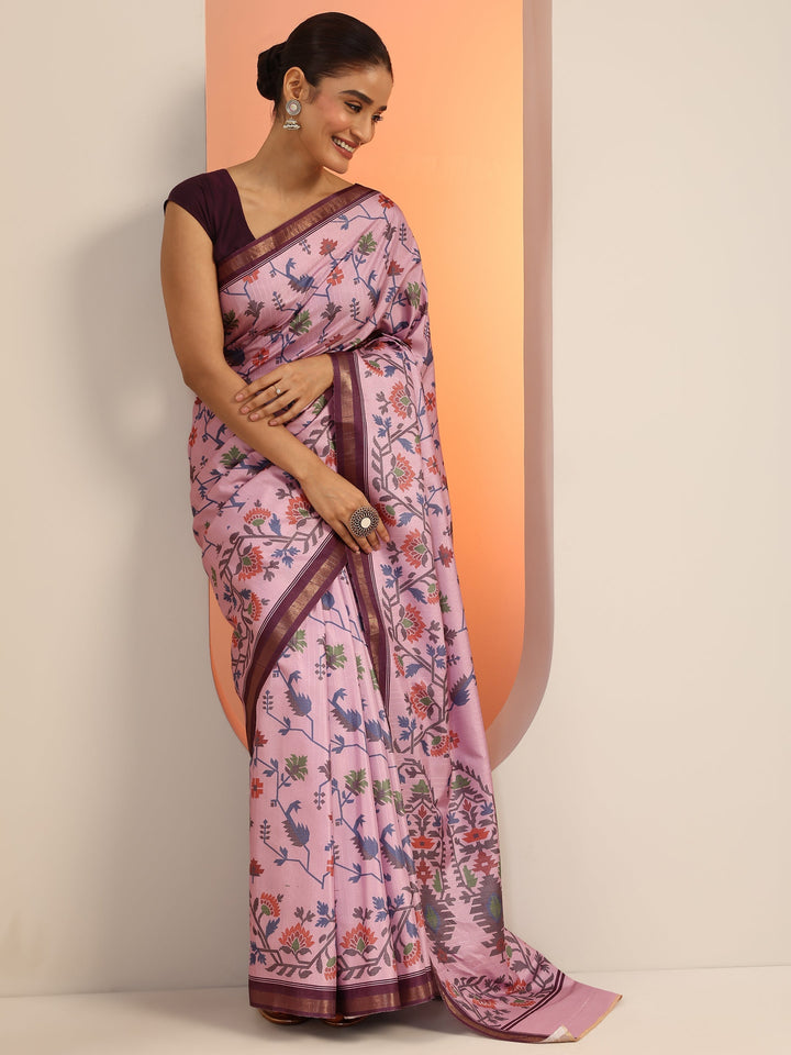 Lavender Printed Silk Saree With Unstitched Blouse Piece
