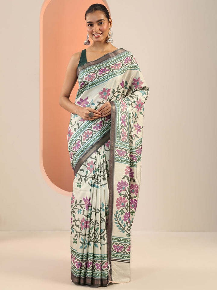 Green Printed Silk Saree With Unstitched Blouse Piece