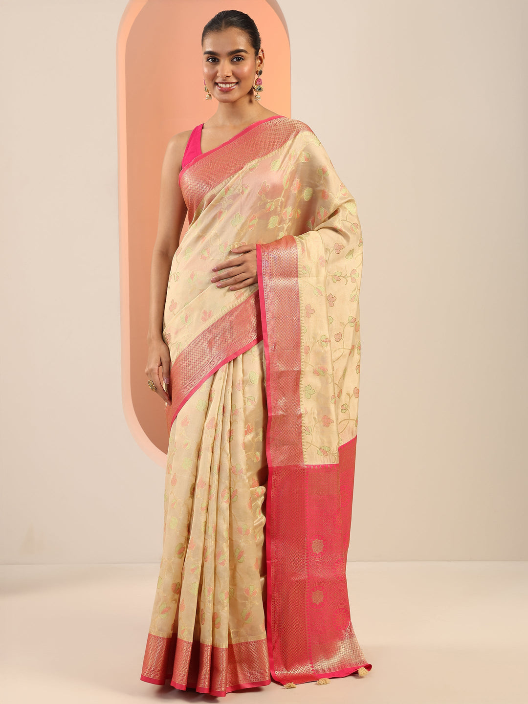 Beige Woven Design Banarasi Silk Saree With Unstitched Blouse Piece