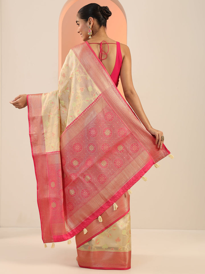 Beige Woven Design Banarasi Silk Saree With Unstitched Blouse Piece
