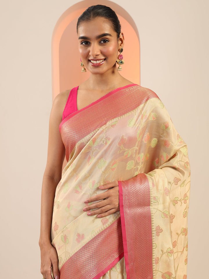 Beige Woven Design Banarasi Silk Saree With Unstitched Blouse Piece