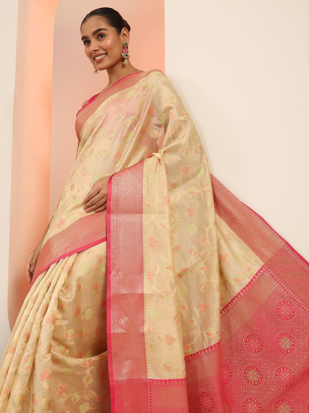 Beige Woven Design Banarasi Silk Saree With Unstitched Blouse Piece