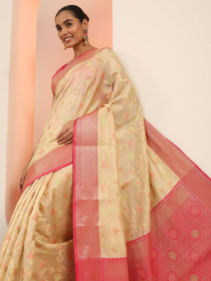 Beige Woven Design Banarasi Silk Saree With Unstitched Blouse Piece