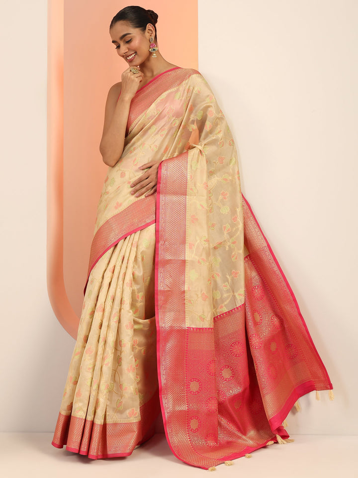 Beige Woven Design Banarasi Silk Saree With Unstitched Blouse Piece