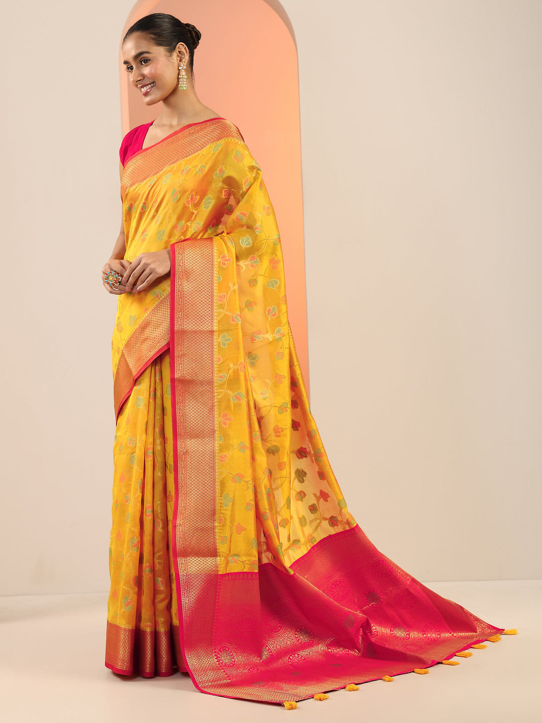 Mustard Woven Design Silk Saree With Unstitched Blouse Piece