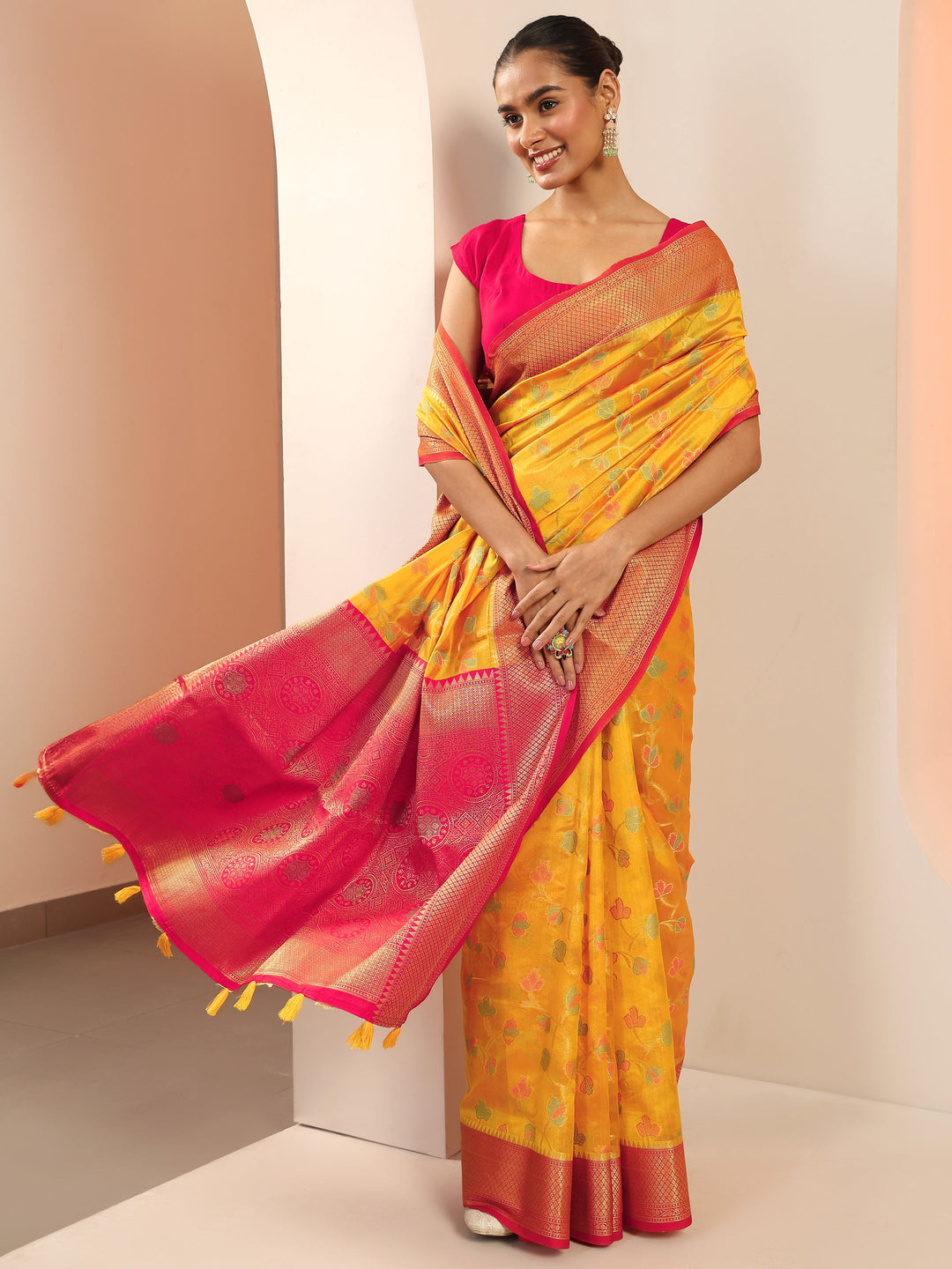 Mustard Woven Design Silk Saree With Unstitched Blouse Piece