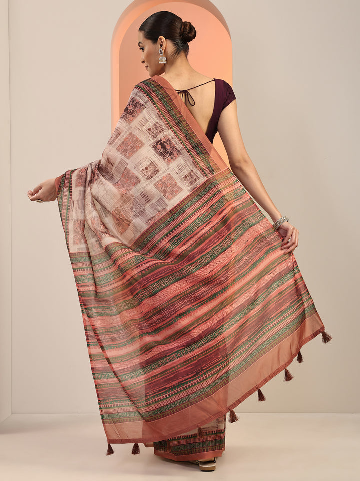 Rust Printed Silk Blend Saree With Unstitched Blouse Piece