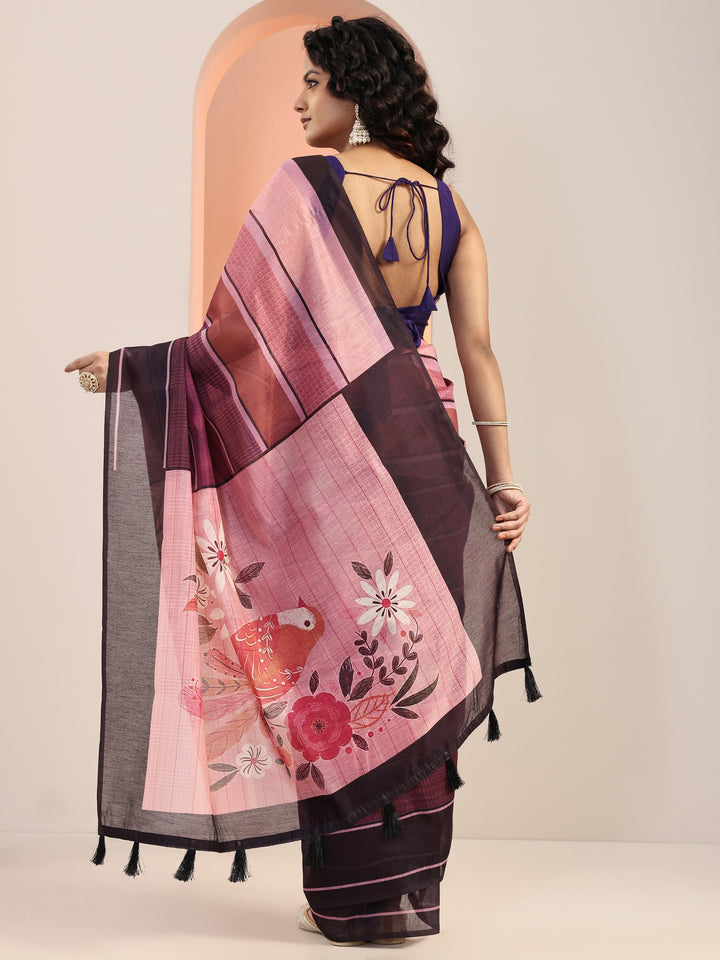 Mauve Printed Silk Blend Saree With Unstitched Blouse Piece