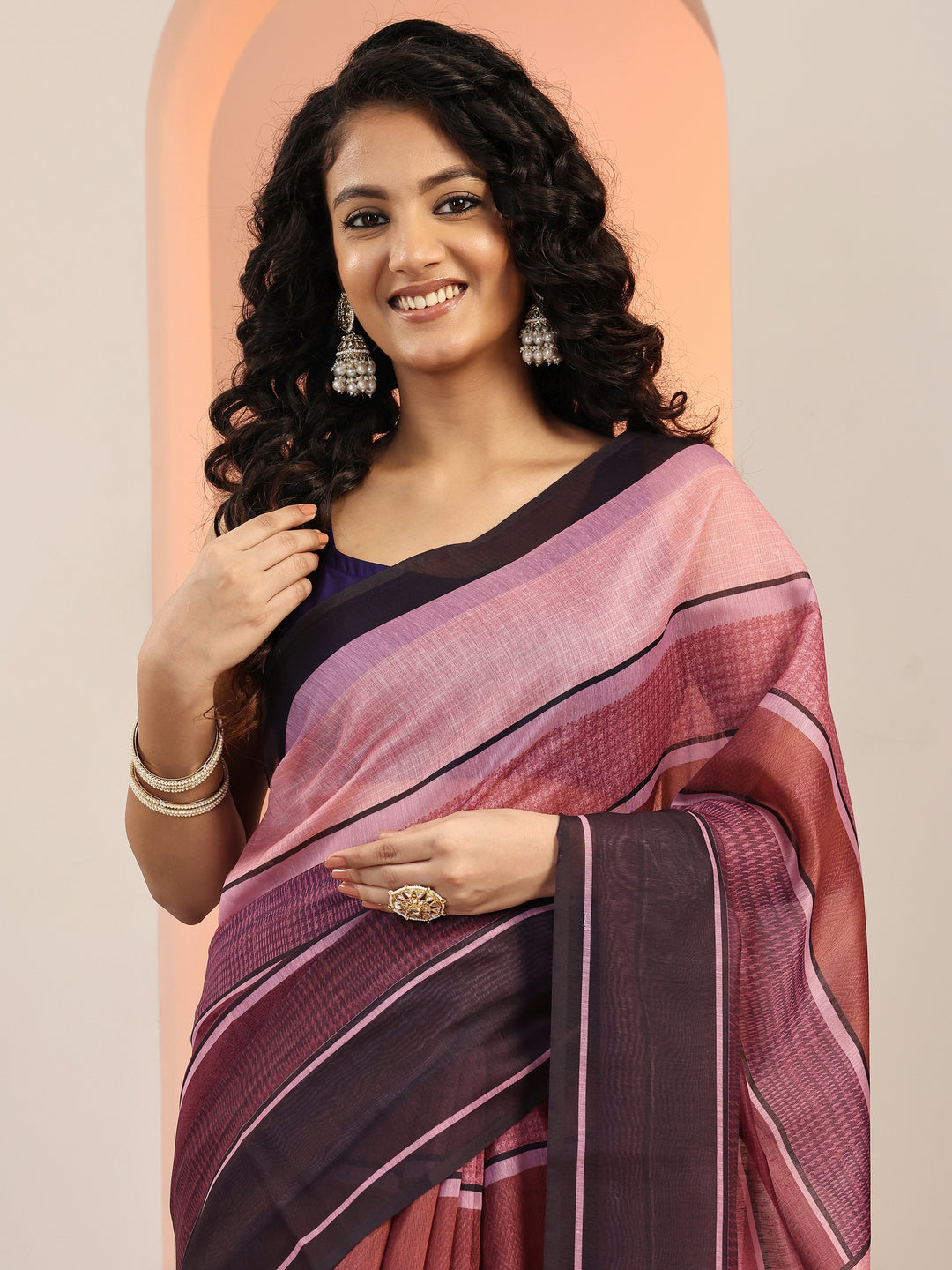 Mauve Printed Silk Blend Saree With Unstitched Blouse Piece