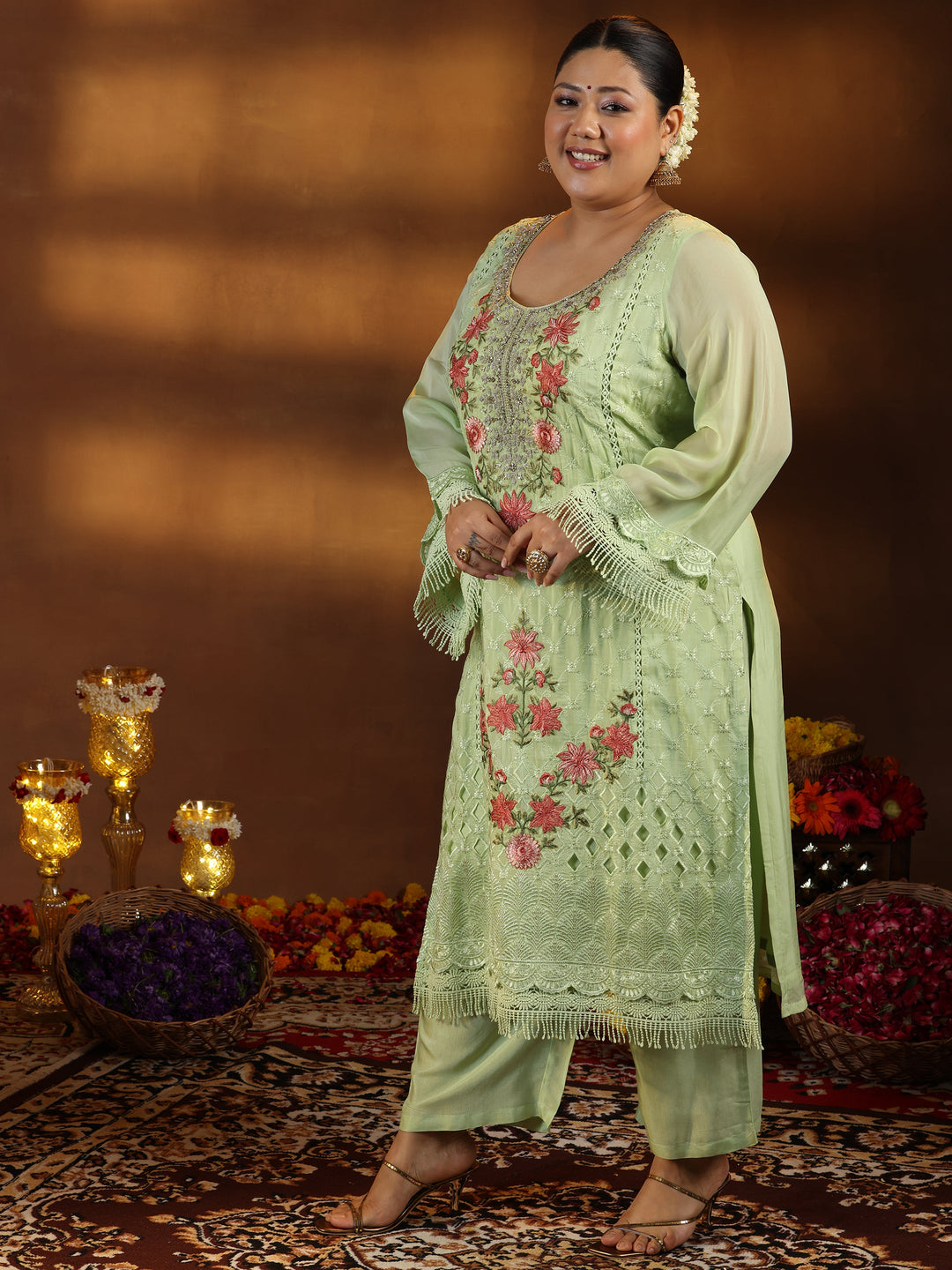 Plus Size Green Embroidered Organza Straight Suit With Dupatta