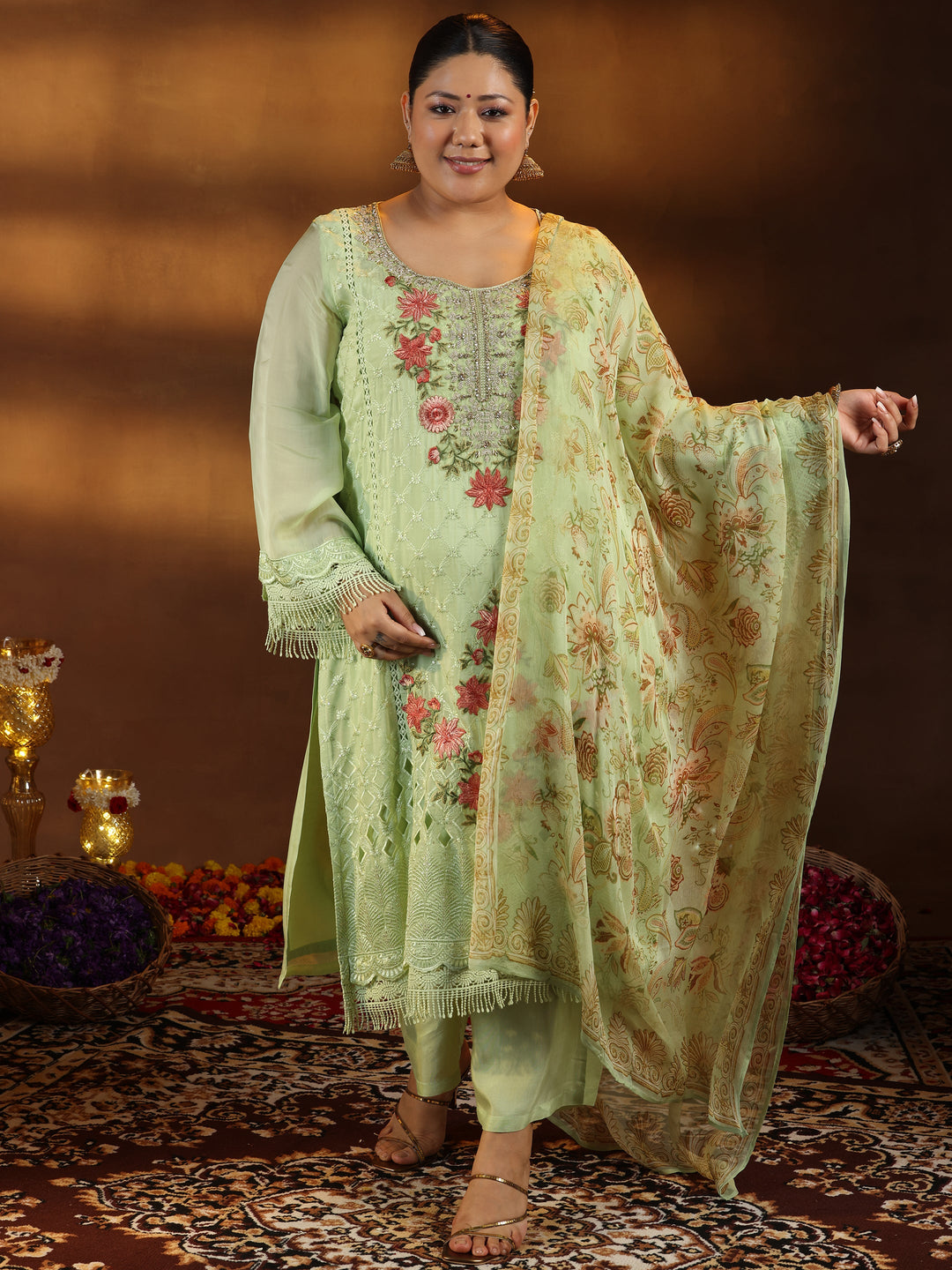 Plus Size Green Embroidered Organza Straight Suit With Dupatta