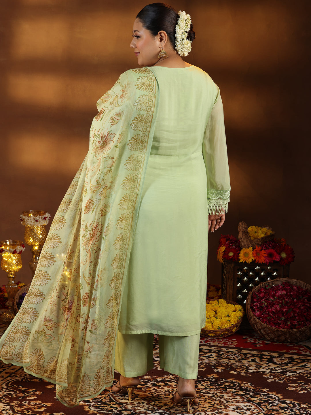 Plus Size Green Embroidered Organza Straight Suit With Dupatta