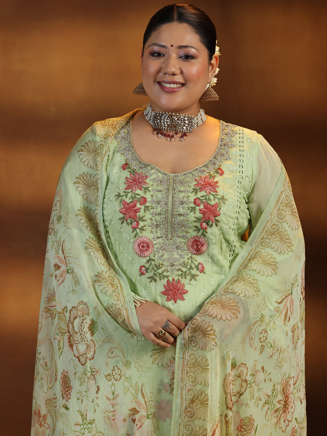 Plus Size Green Embroidered Organza Straight Suit With Dupatta