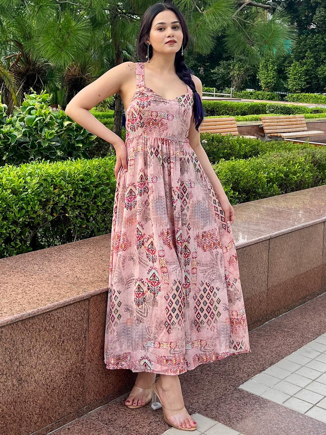 Buy Pink Printed Georgette Fit and Flare Dress Online in USA at $28.00 | Libas Buy Pink Printed Georgette Fit and Flare Dress Online in USA at $28.00 | Libas