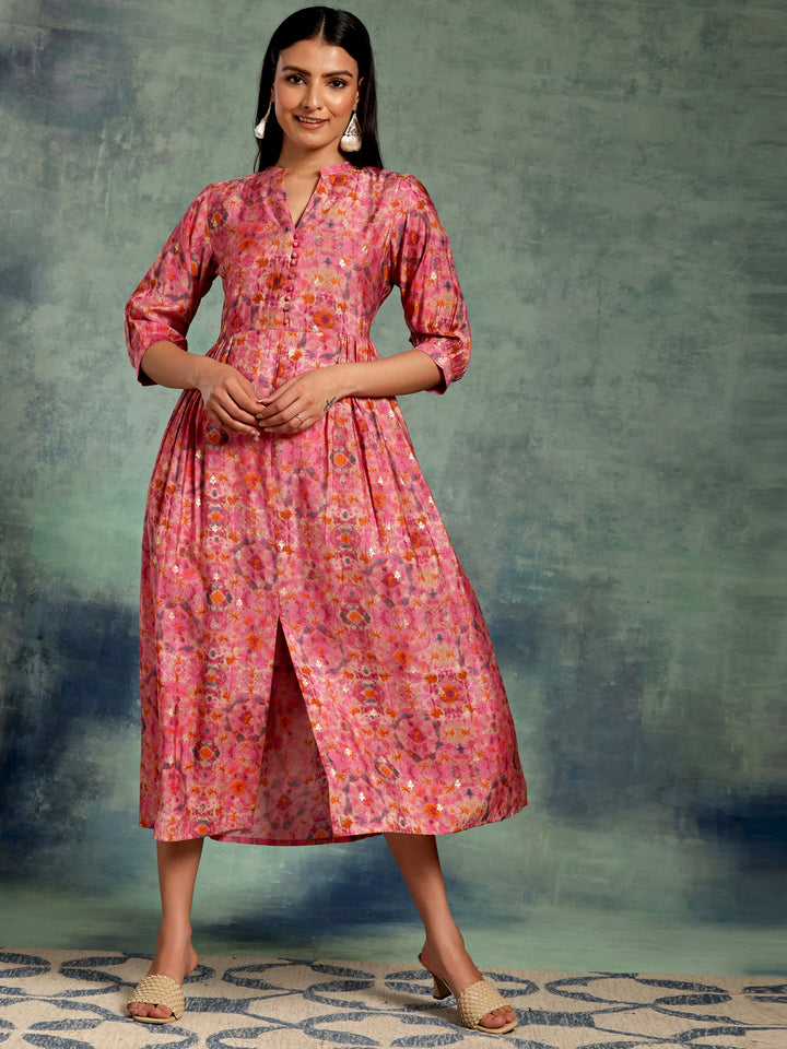 Pink Printed Silk Fit and Flare Dress