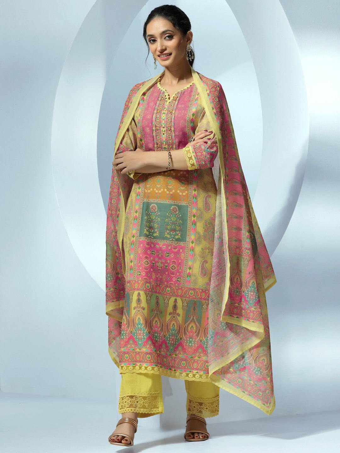 Yellow Printed Cotton Blend Straight Suit With Dupatta
