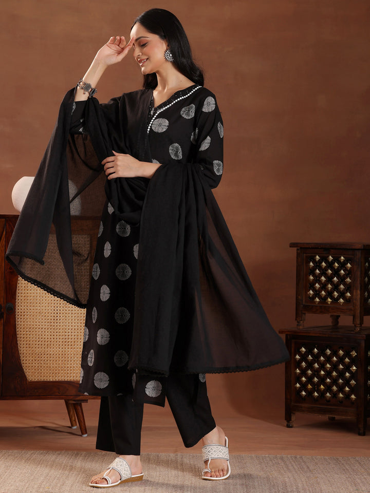 Black Printed Cotton Straight Suit With Dupatta