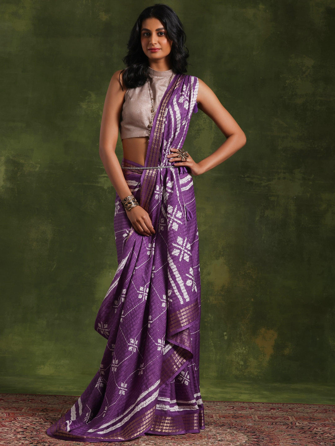 Lavender Printed Silk Blend Saree With Unstitched Blouse Piece - Libas