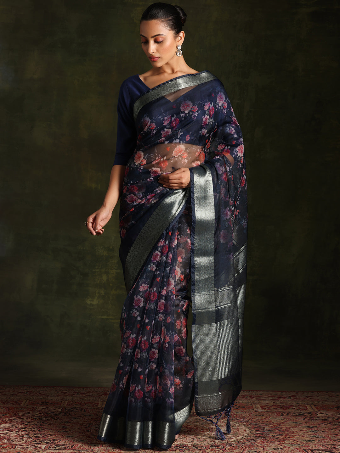 Blue Printed Organza Saree With Unstitched Blouse Piece