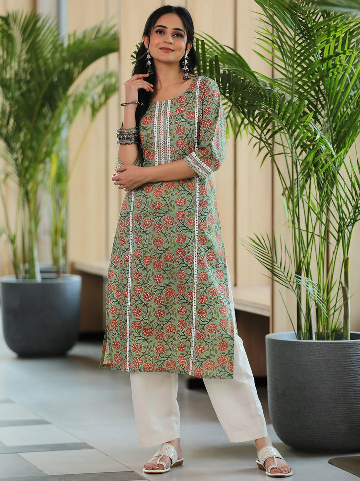Green Printed Cotton Straight Kurta