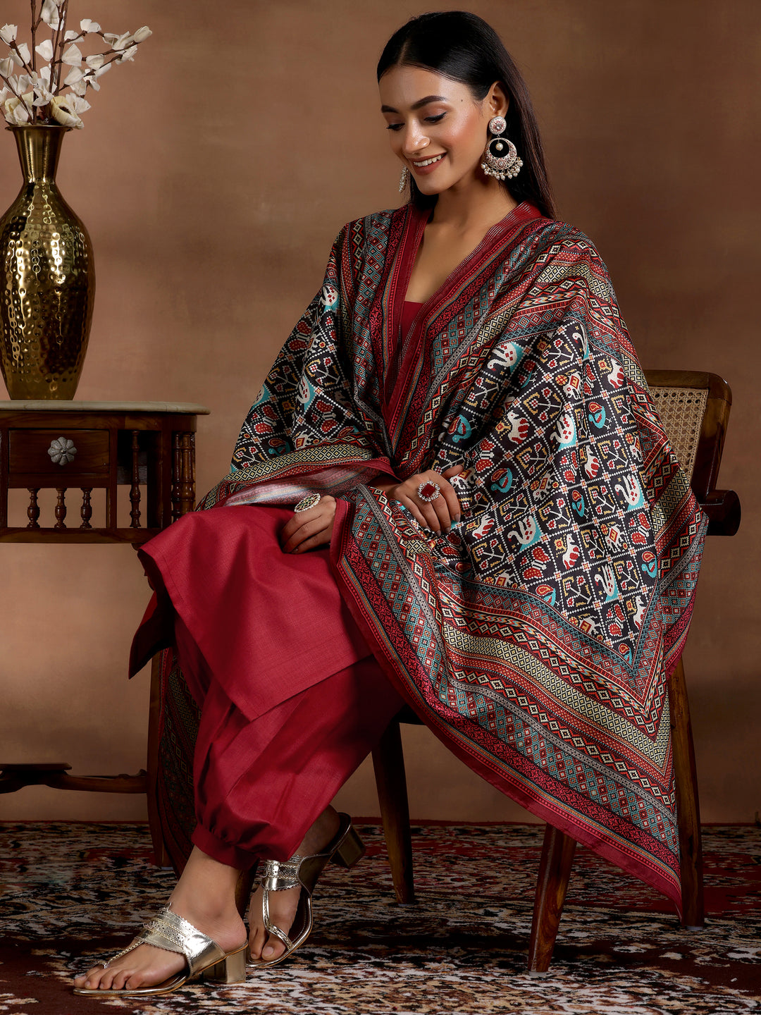 Maroon Solid Cotton Blend Straight Suit With Dupatta