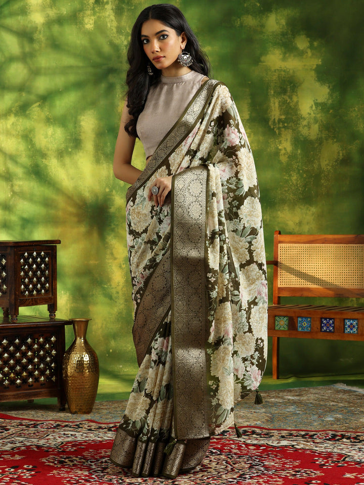 Olive Printed Silk Blend Saree With Unstitched Blouse Piece