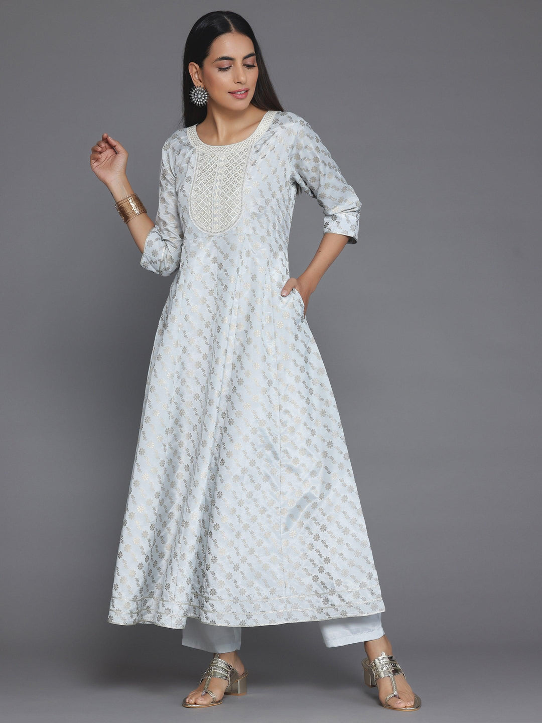 Grey Printed Silk Blend A-Line Kurta With Trousers