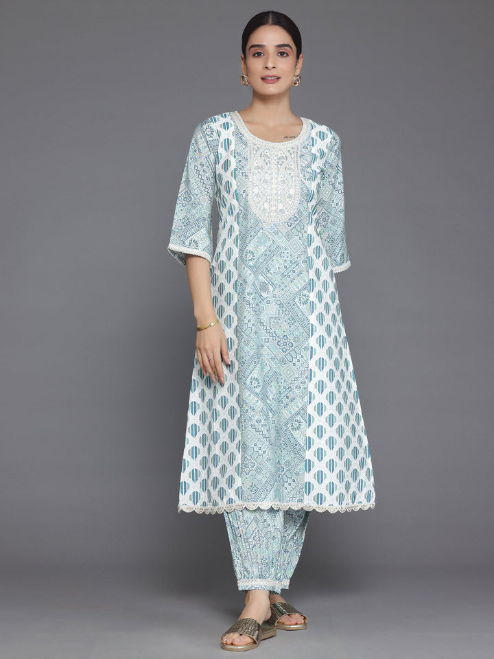 Blue Printed Silk Blend A-Line Kurta With Salwar