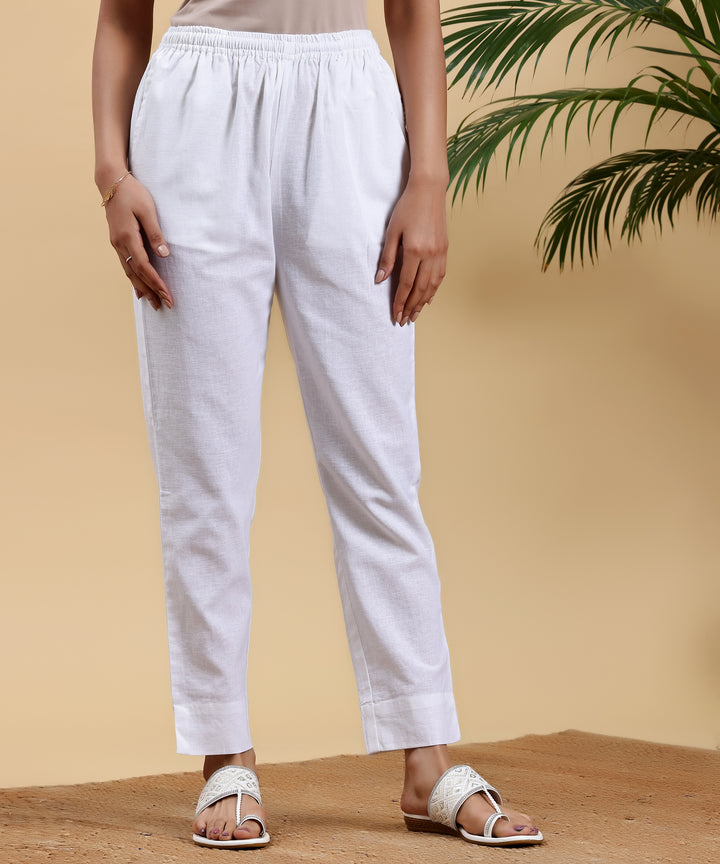 White Solid Cotton Straight Fit Trousers