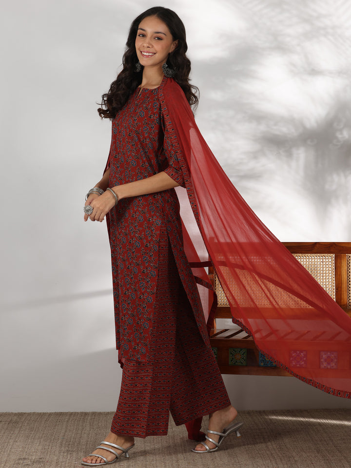 Rust Printed Cotton Straight Suit With Dupatta