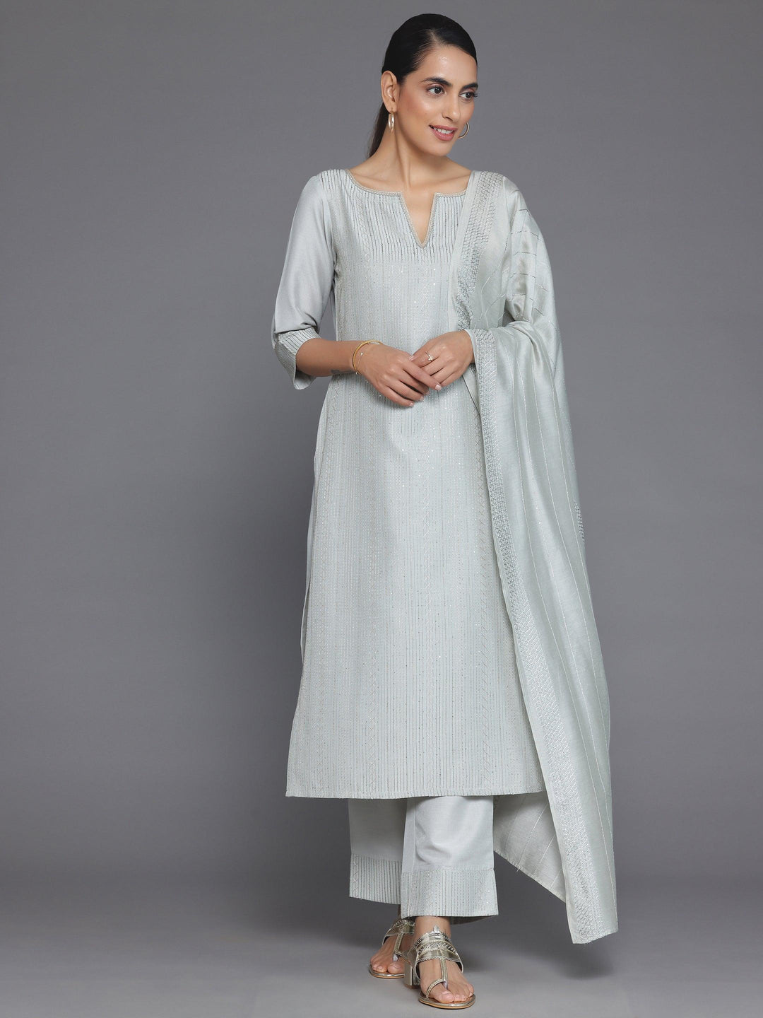 Grey Self Design Silk Blend Straight Suit With Dupatta