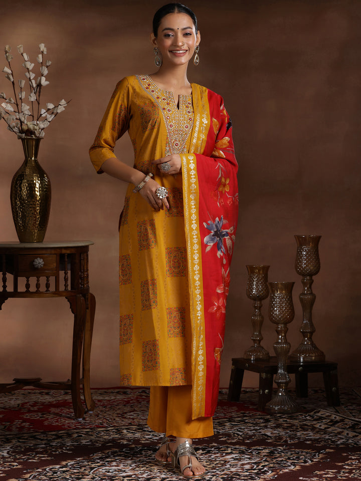 Mustard Printed Silk Blend Straight Suit With Dupatta
