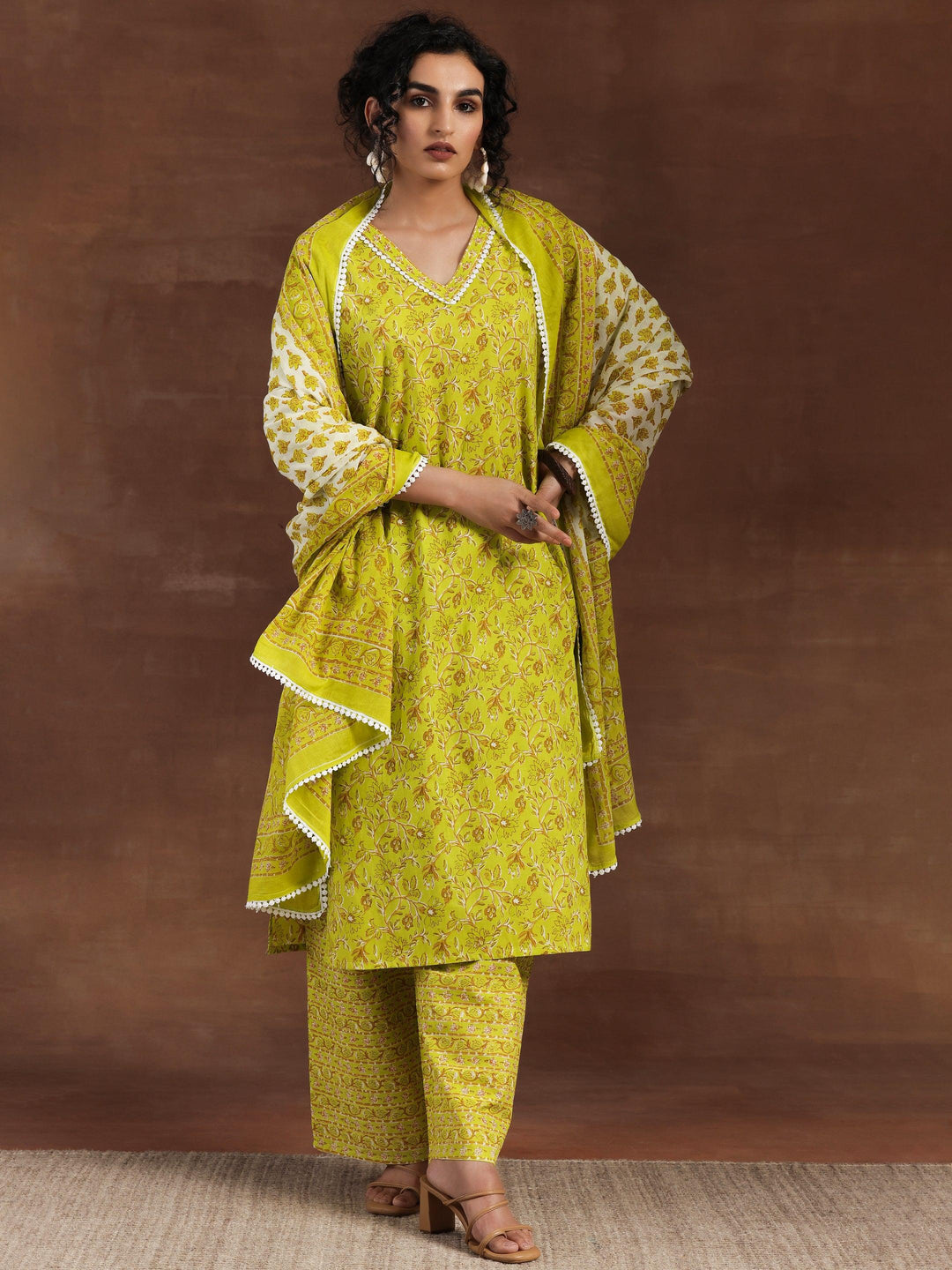 Green Printed Cotton Straight Suit With Dupatta