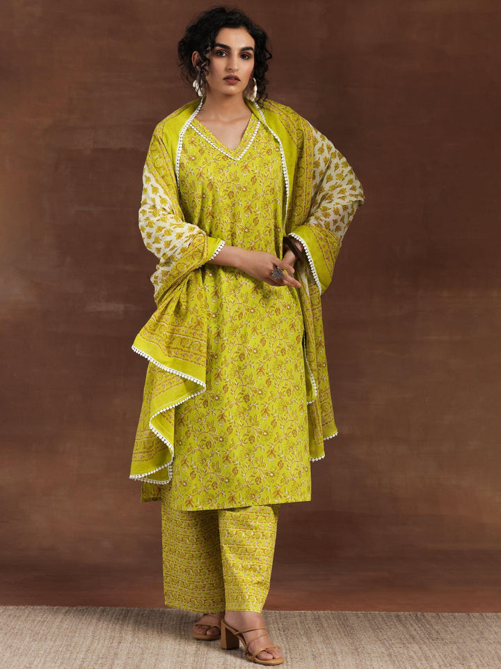 Green Printed Cotton Straight Suit With Dupatta