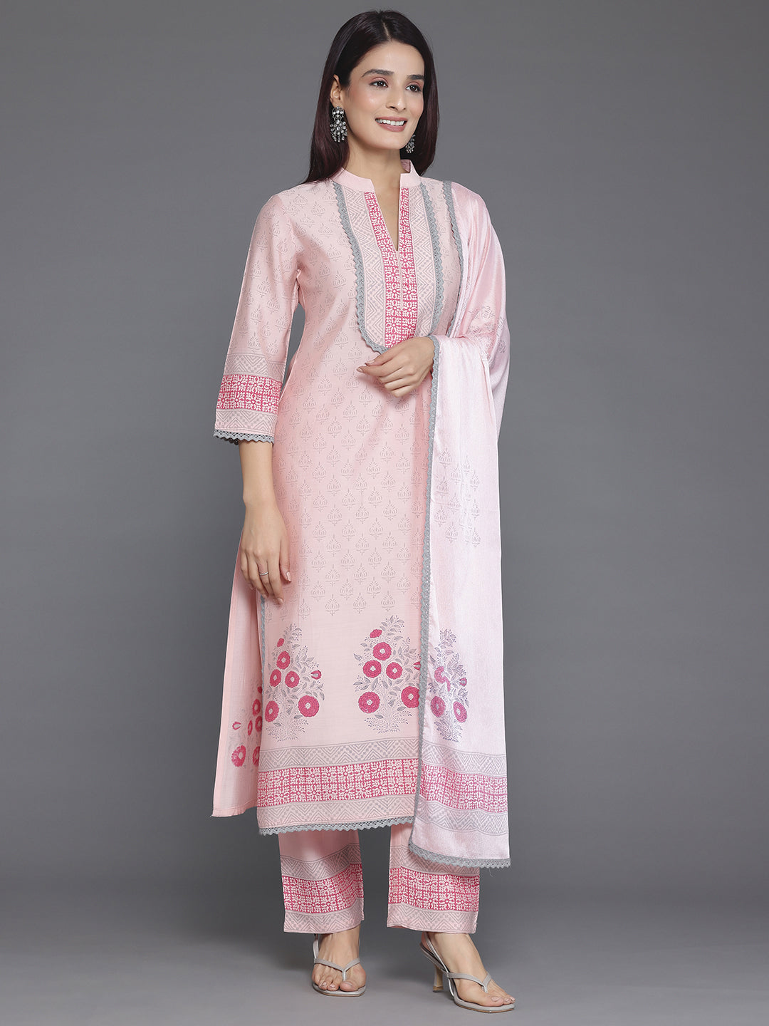 Peach Yoke Design Silk Blend Straight Suit With Dupatta