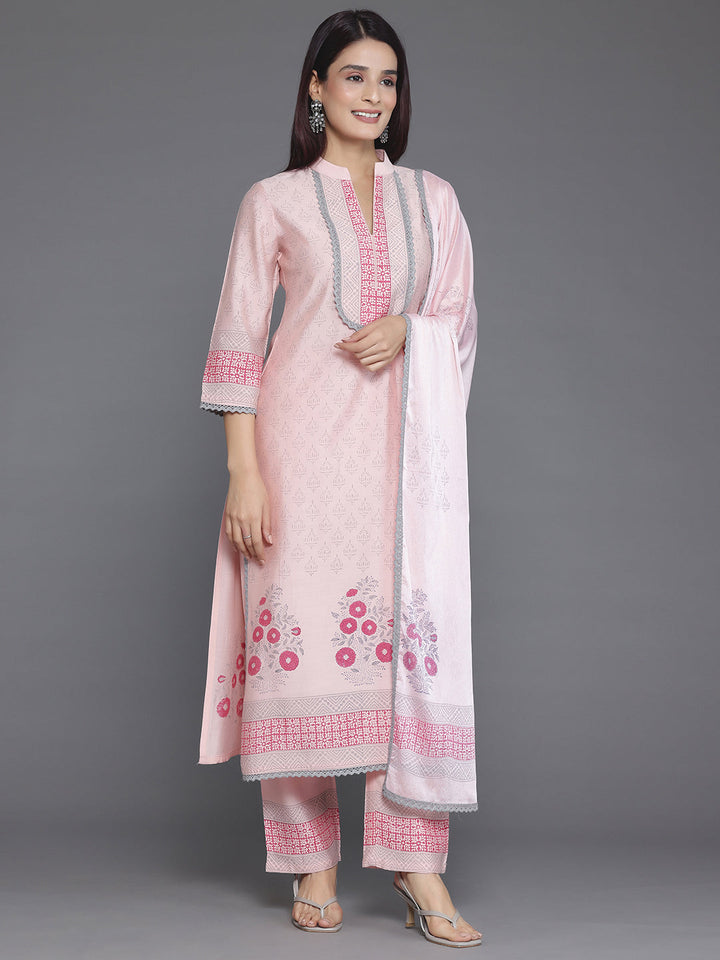 Peach Yoke Design Silk Blend Straight Suit With Dupatta