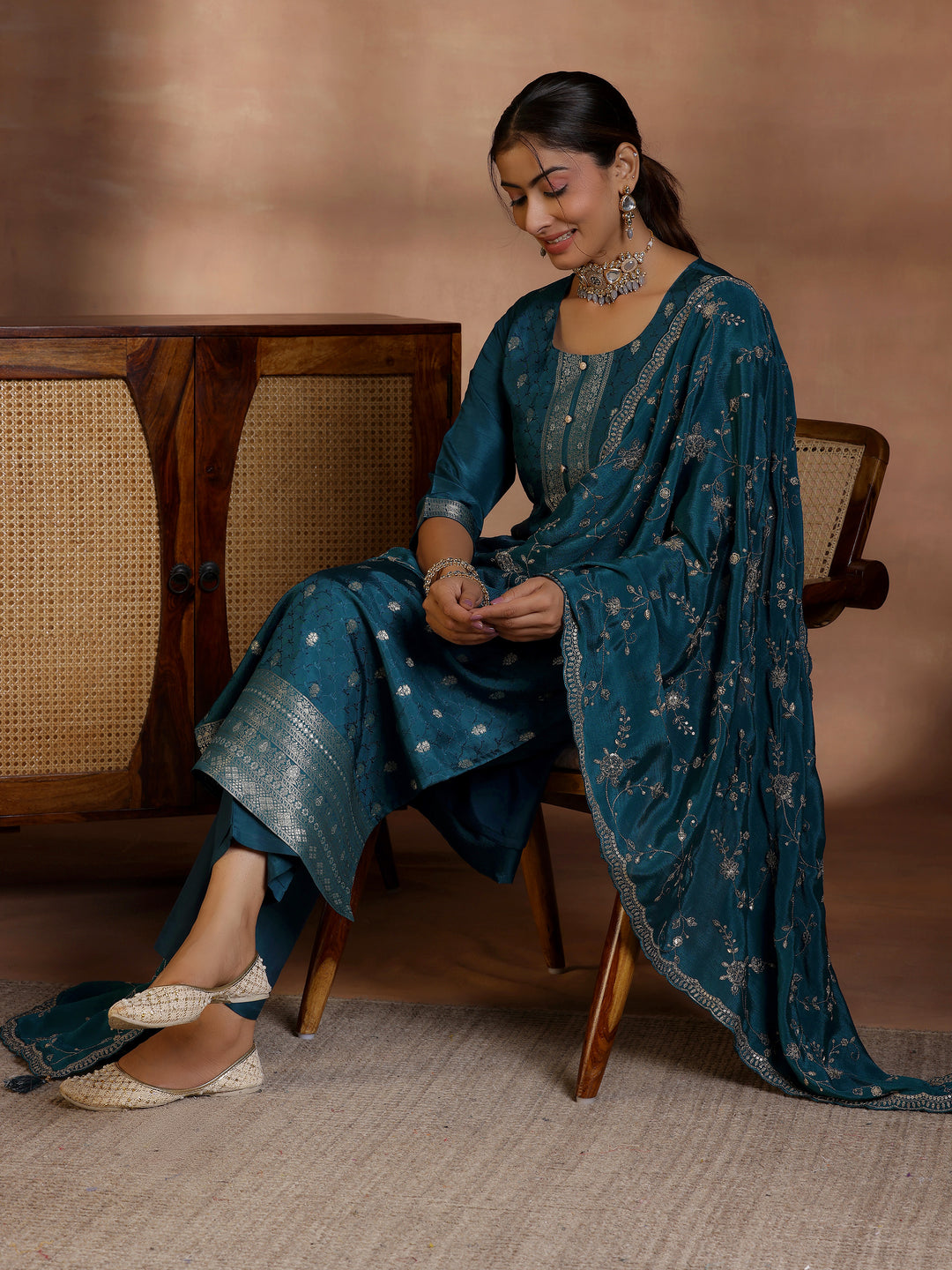 Teal Woven Design Silk Blend Straight Suit With Dupatta