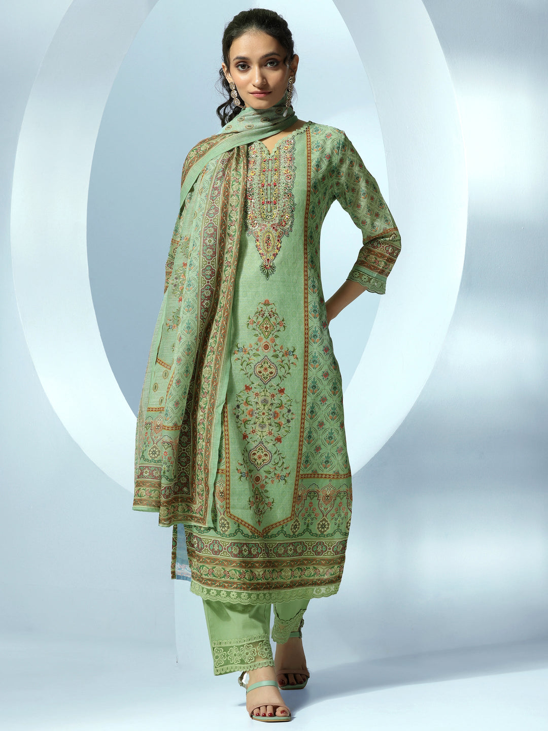 Green Printed Cotton Blend Straight Suit With Dupatta