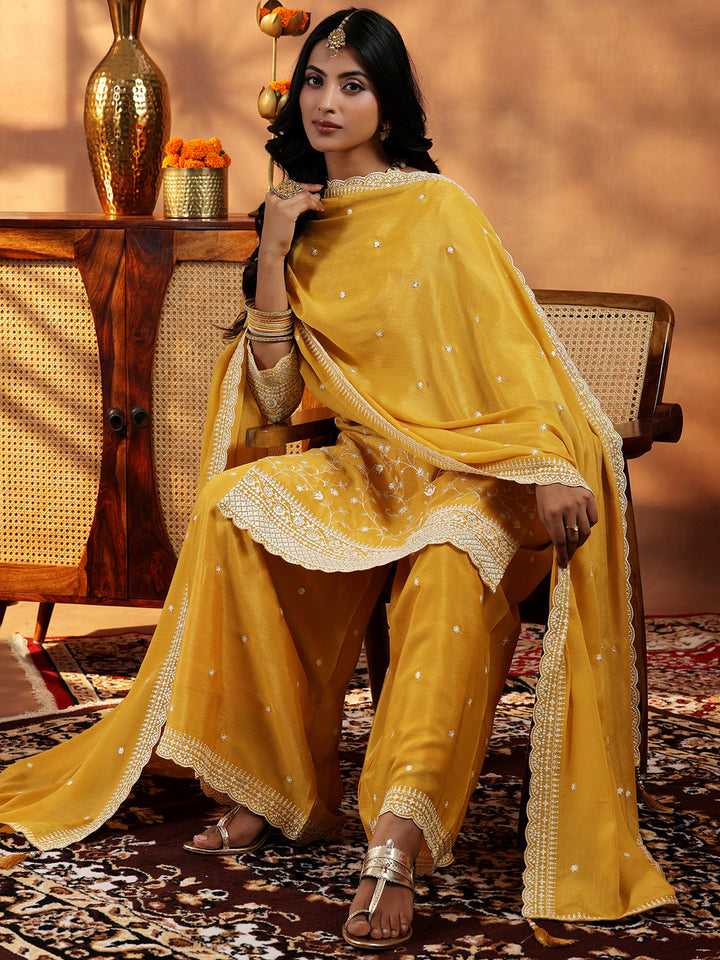 Mustard Embroidered Silk Blend Straight Suit With Dupatta