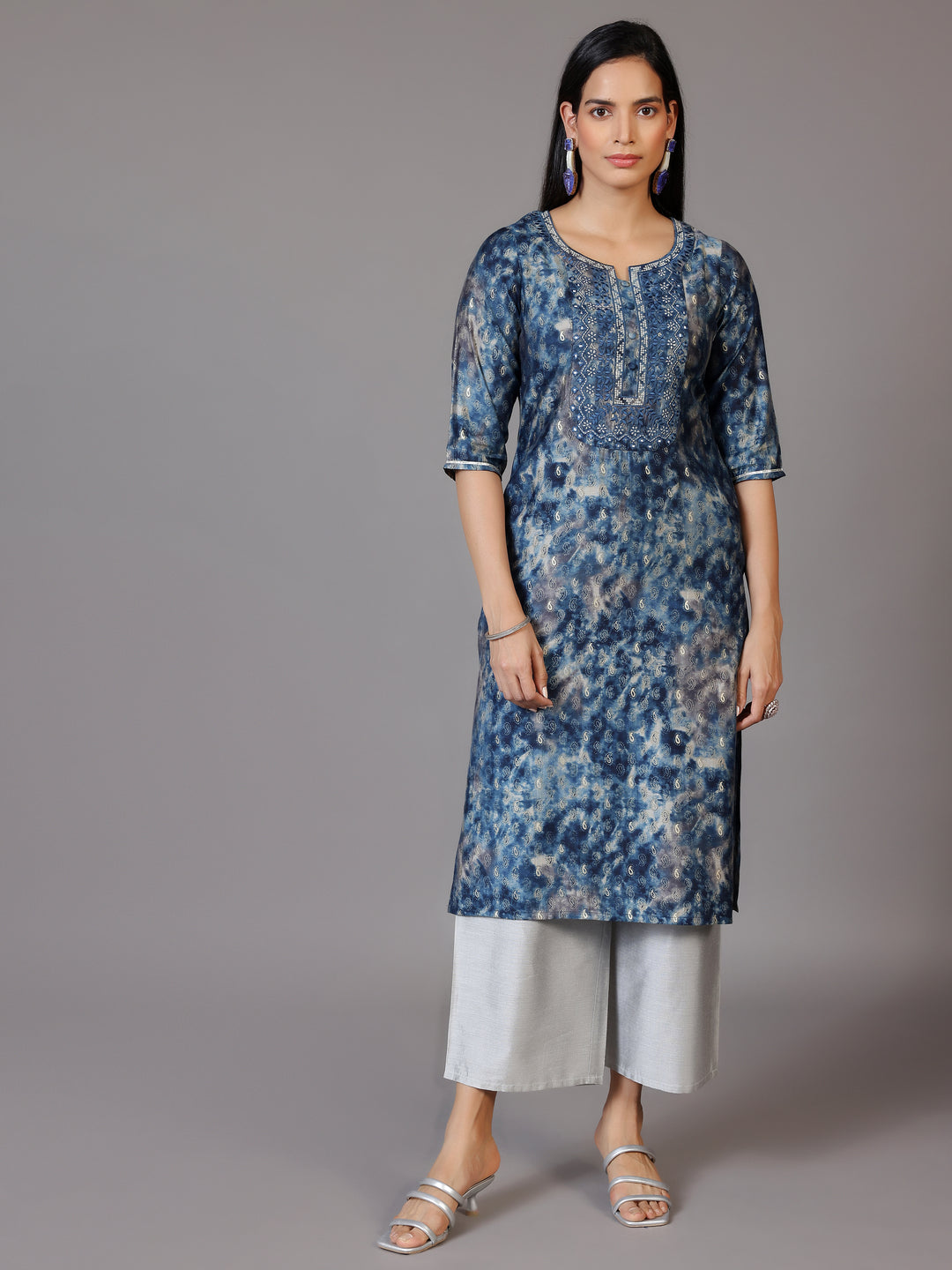 Navy Blue Yoke Design Silk Straight Kurta