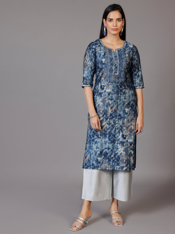 Navy Blue Yoke Design Silk Straight Kurta