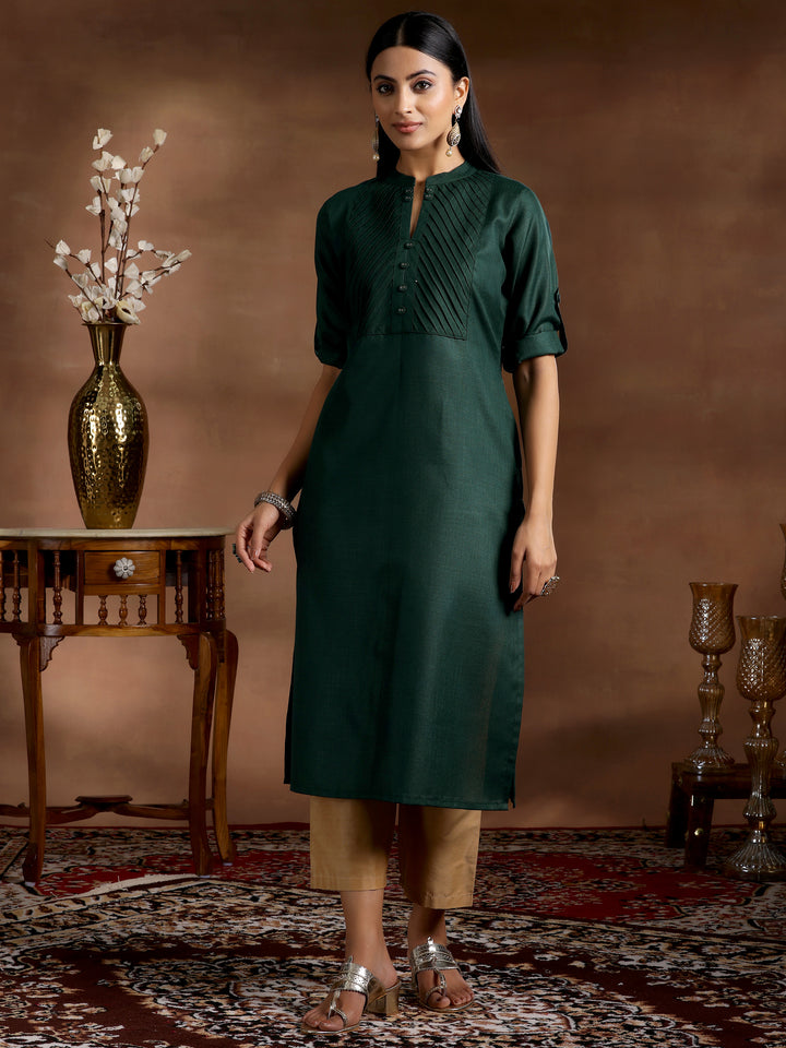 Green Solid Cotton Blend Straight Kurta