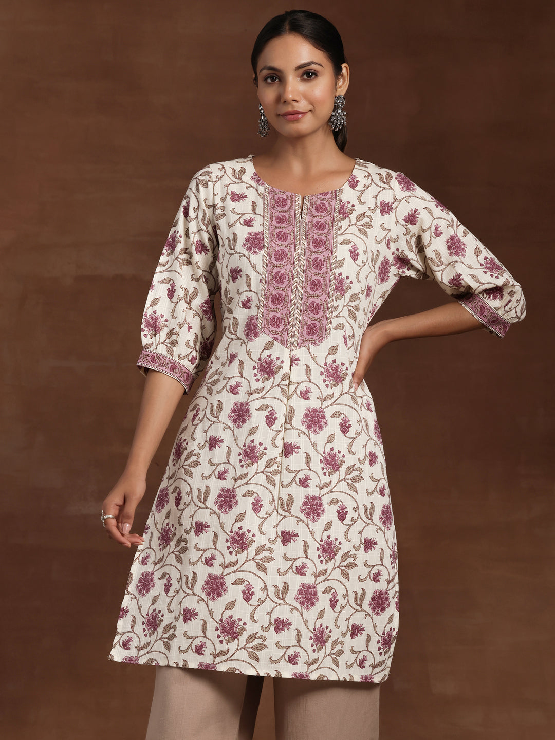 Beige Printed Cotton Straight Kurta