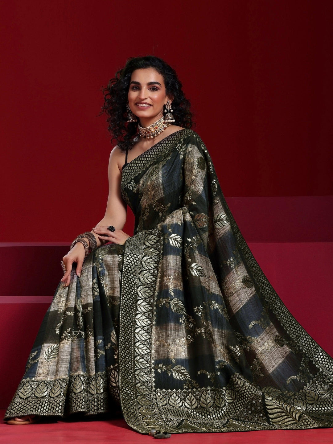 Libas Art Black Colorblocked Satin Saree With Unstitched Blouse Piece