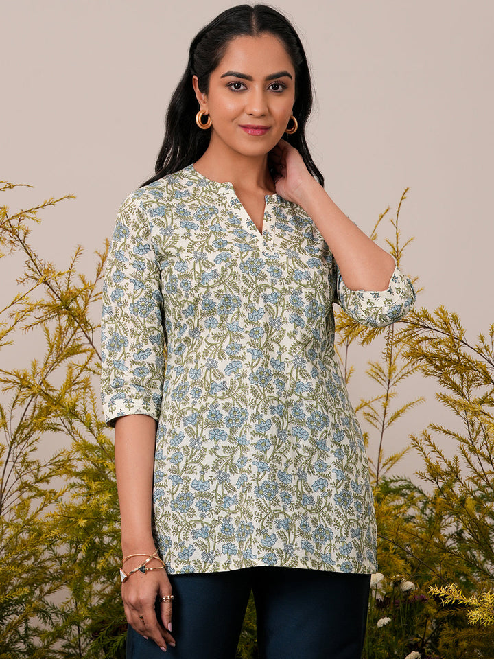 Off White Printed Cotton Straight Kurti