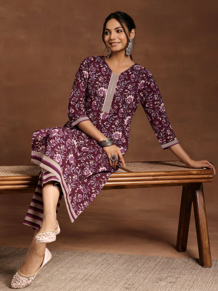 Wine Printed Cotton Straight Kurta Set