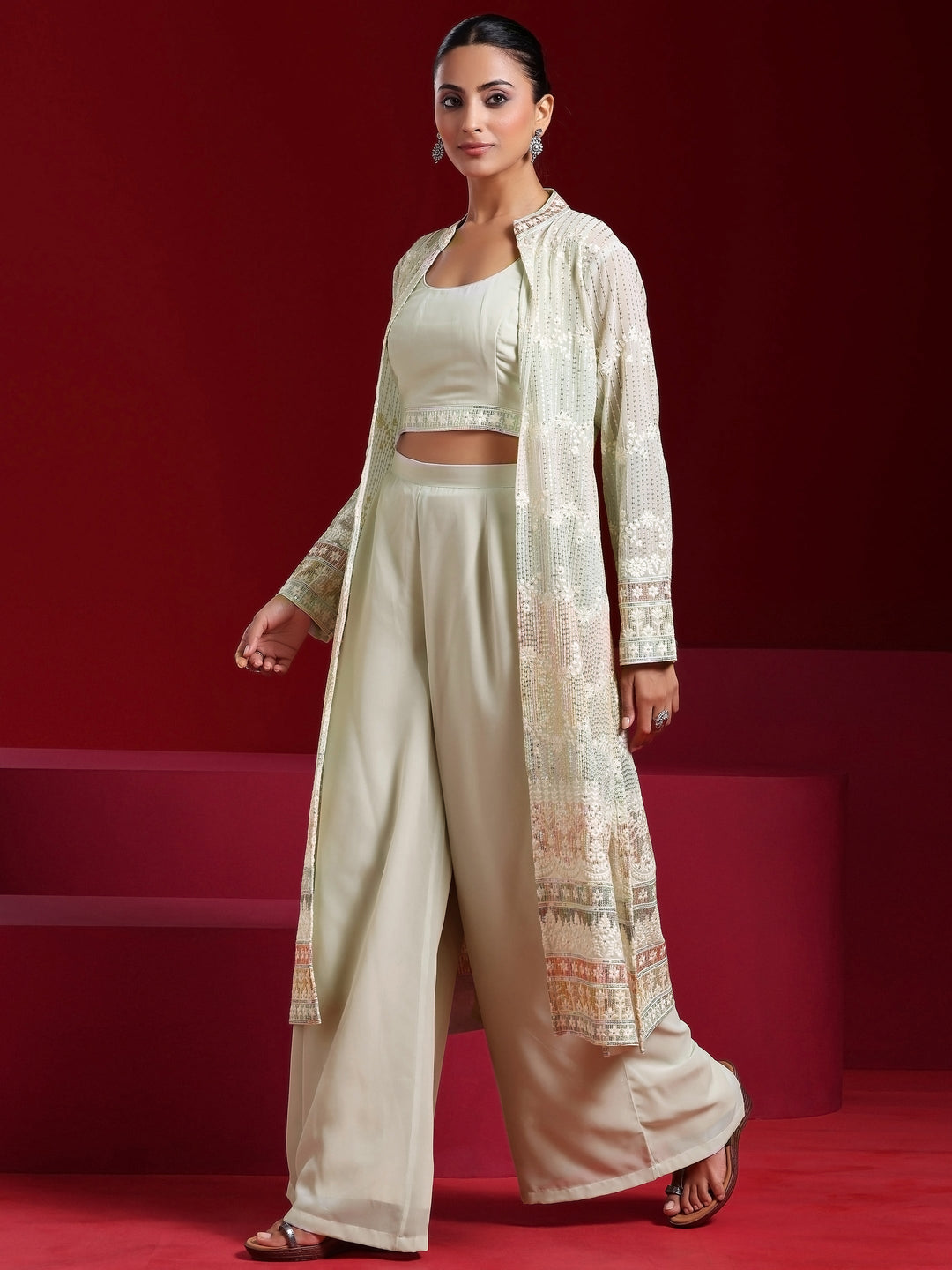 Libas Art Sea Green Solid Georgette 3 Piece Co-Ords